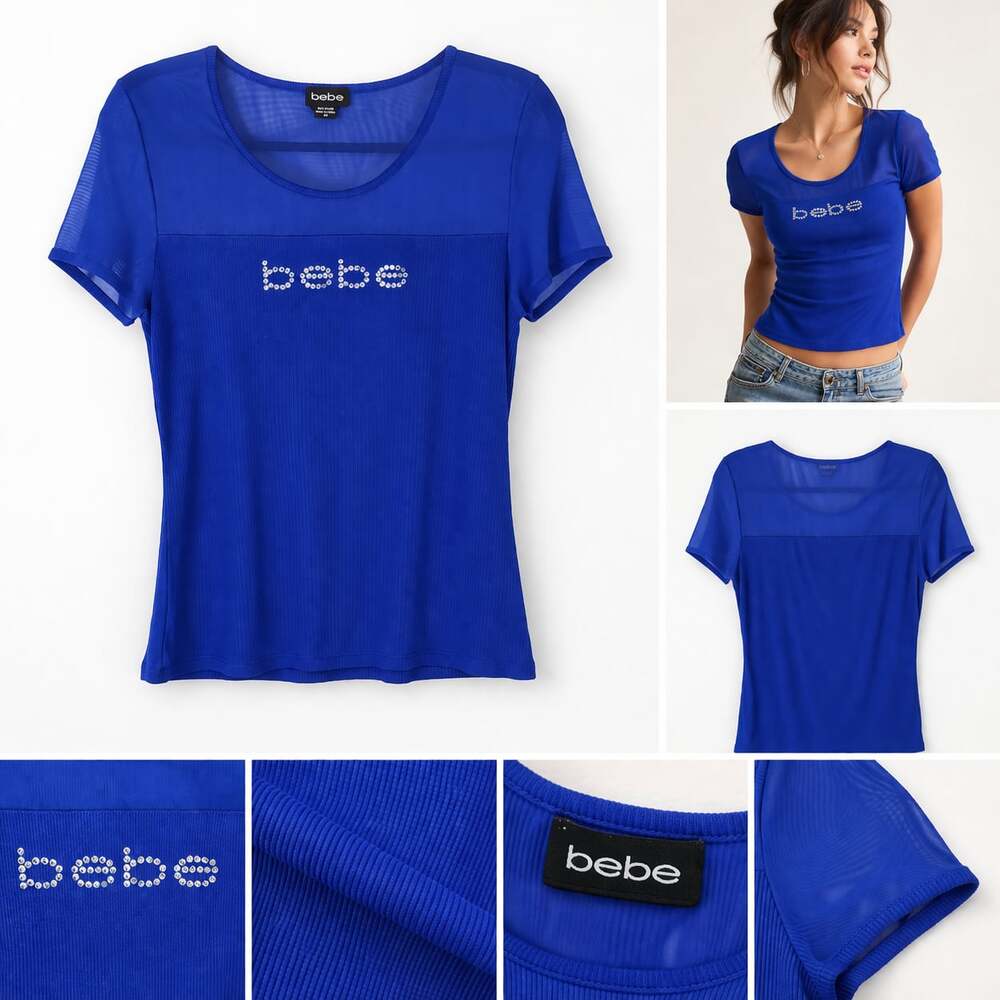 Bebe Mesh Panel Ribbed Rhinestone Logo Top Surf The Web Blue Size Large